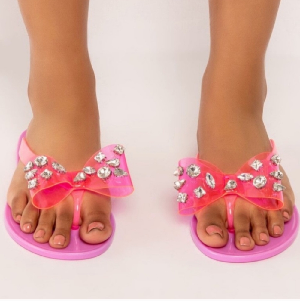 New! Pink Jelly Rhinestone Gem Crystal Bow Bling Flip-flops Flat Sandal - Picture 12 of 12